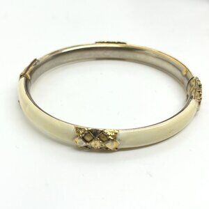 SANDOR CREAM ENAMEL Gold Tone Floral Bangle Bracelet Hinged Cuff Signed